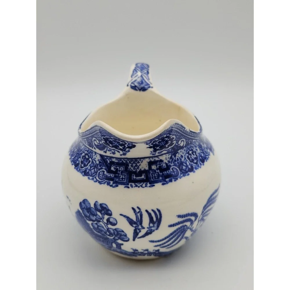 Vintage Blue Willow Creamer White Blue Birds Unmarked Ceramic